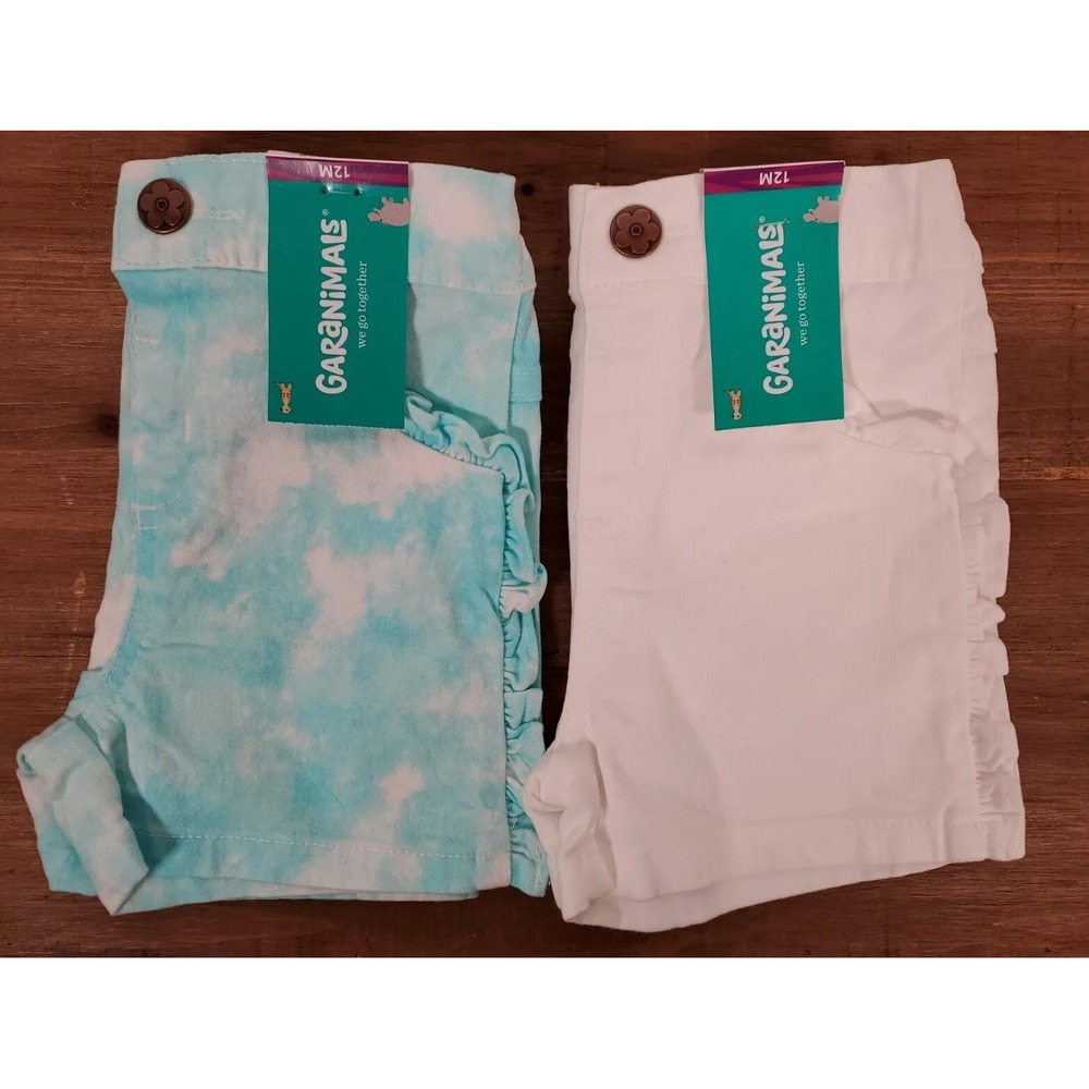 Lot of 2 Denim SHORTS 12 Months Girls Blue Tie Dye & White - Garanimals NEW